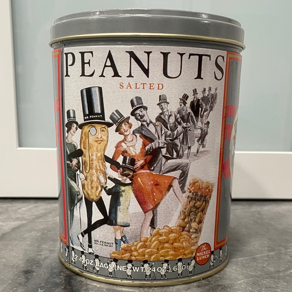 Vintage Peanuts Salted Tin Can with Vintage Mr. Peanut Artwork